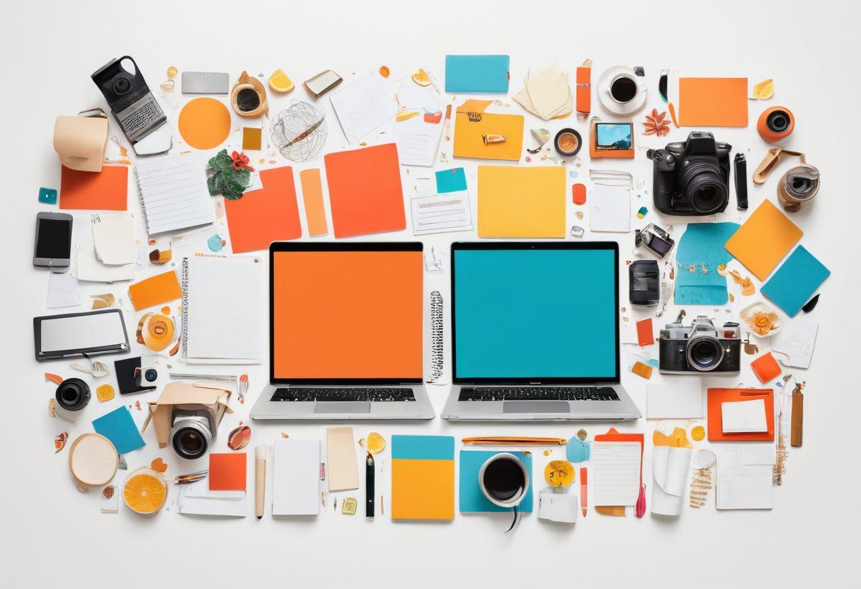 A vibrant and dynamic collage of diverse content creation tools like laptops, cameras, and notepads, surrounded by energetic bloggers exchanging ideas and smiles. Include elements representing different niches like travel, food, and technology, showcasing collaboration and creativity. The background should evoke a sense of community with warm colors and abstract shapes. super-realistic. vibrant colors. white background.