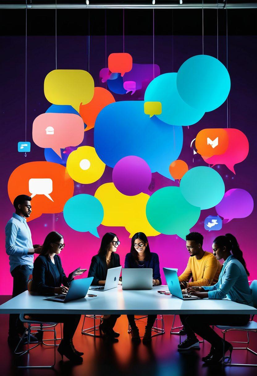 A diverse group of bloggers collaborating around a glowing digital workspace, showcasing their vibrant ideas with floating text bubbles and colorful social media icons. A backdrop of interconnected devices symbolizes online engagement, while an aura of creativity and connectivity radiates from the scene. dynamic composition. vivid colors. 3D.