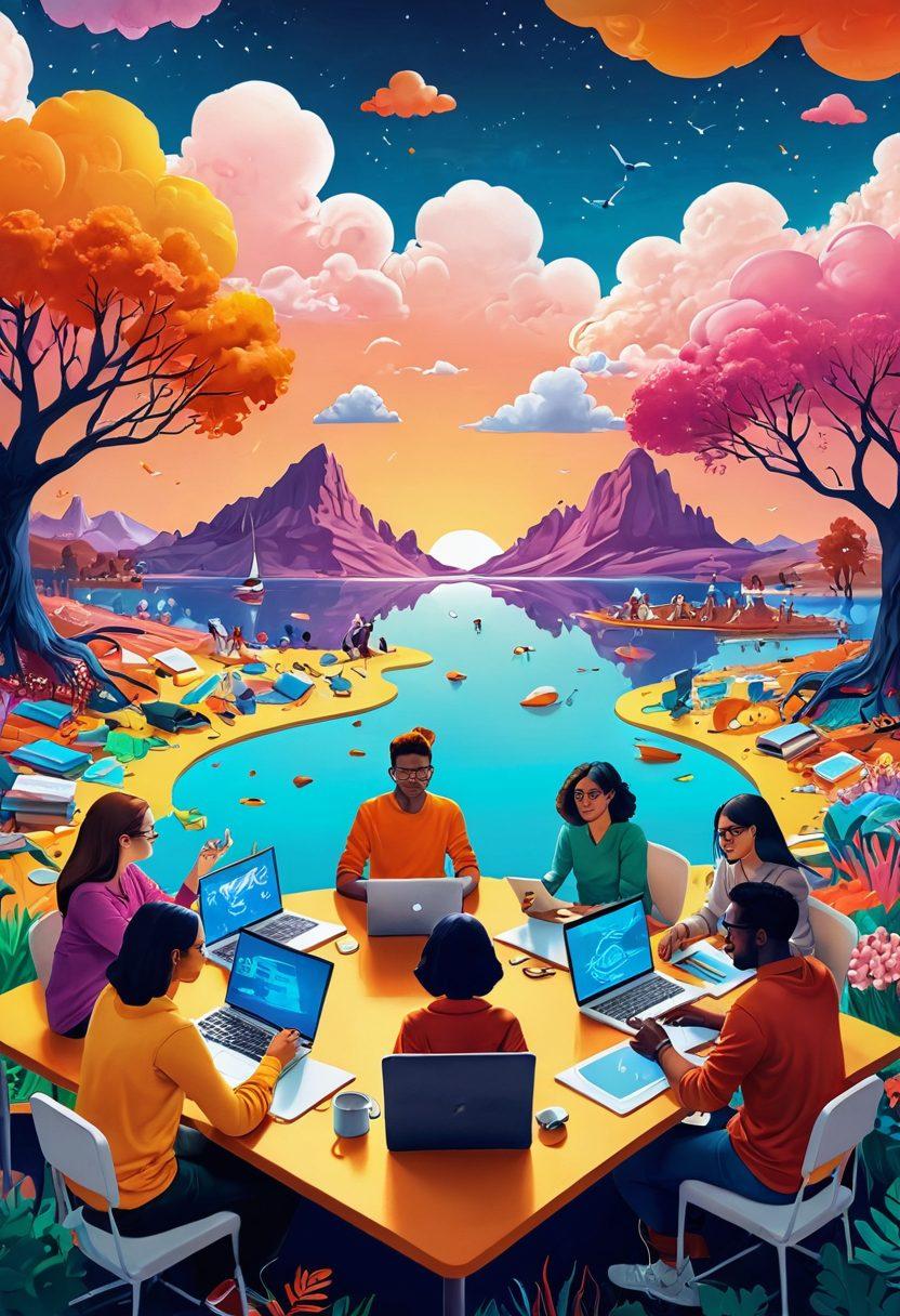 A vibrant and whimsical illustration of a diverse group of bloggers sitting around a large digital table, sharing stories through laptops and tablets, with floating speech bubbles filled with imaginative visuals. In the background, a fantastical landscape of books and digital screens merges into a dreamlike world, symbolizing creativity and connection in storytelling. Bright colors that evoke inspiration and warmth. super-realistic. vibrant colors. digital art.